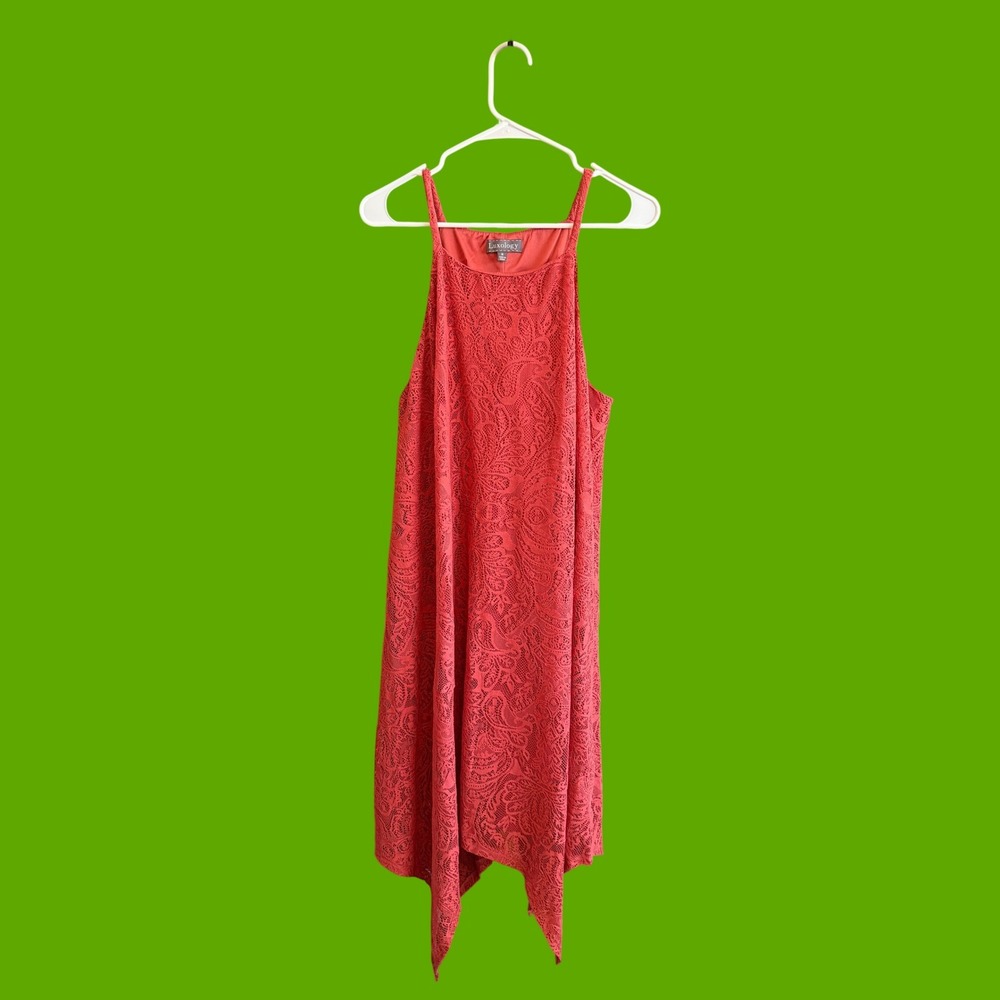 Luxology Rust Red Paisley Lace Handkerchief Hem Sleeveless Dress Womens Size 16